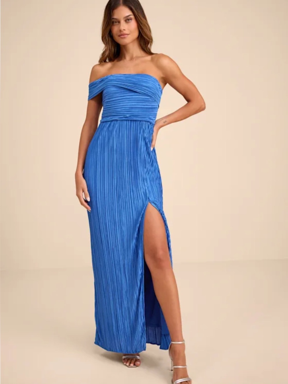 New Lulus Poised Performance One-Shoulder Blue Pleated Evening Dress Sz XS